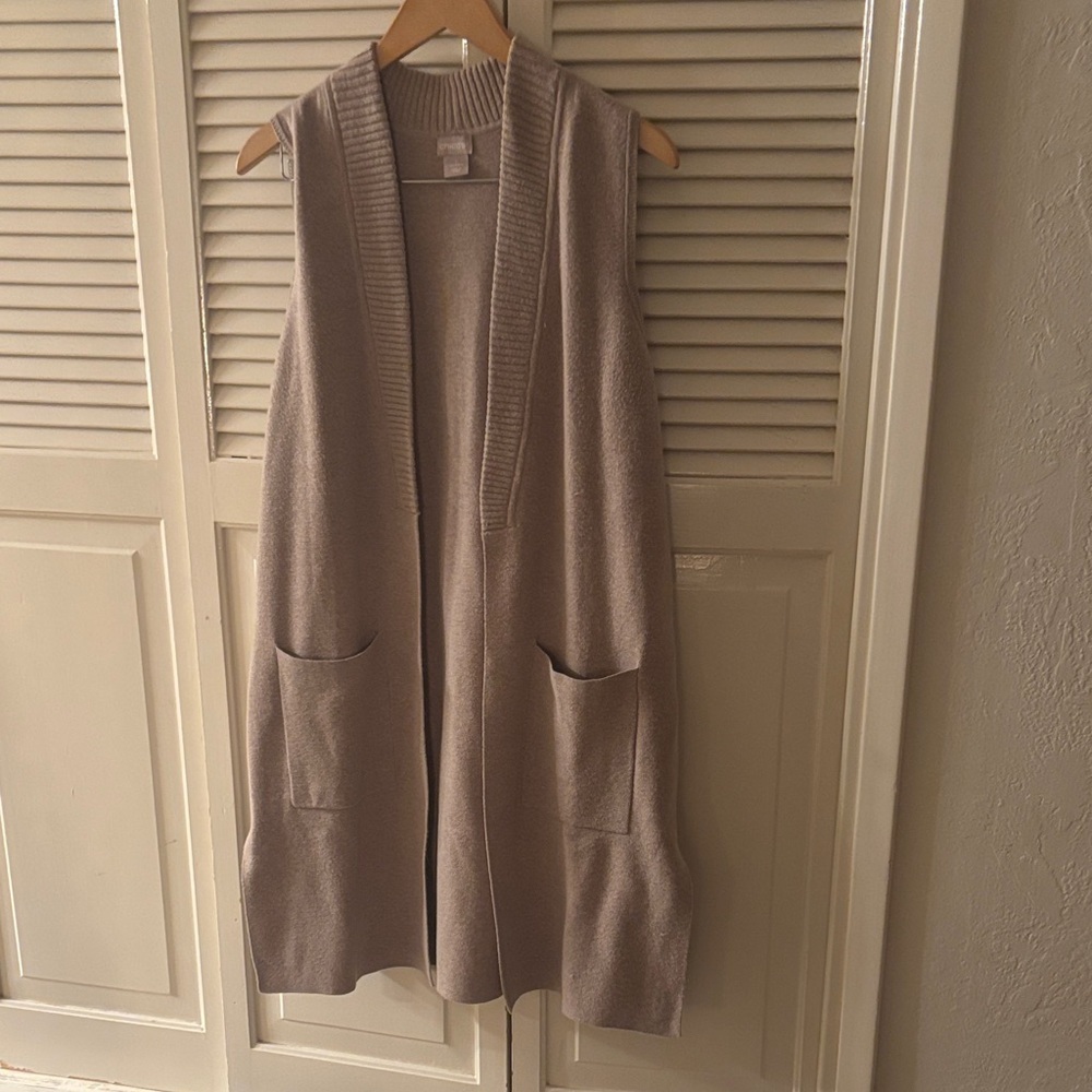 Chico's Taupe Knit Long Sleeveless Cardigan Vest Fall Layer Coastal Grandma Sz 1